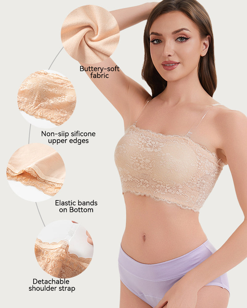 Skin-tone floral lace strapless bandeau bra with detachable shoulder straps and scalloped edges.