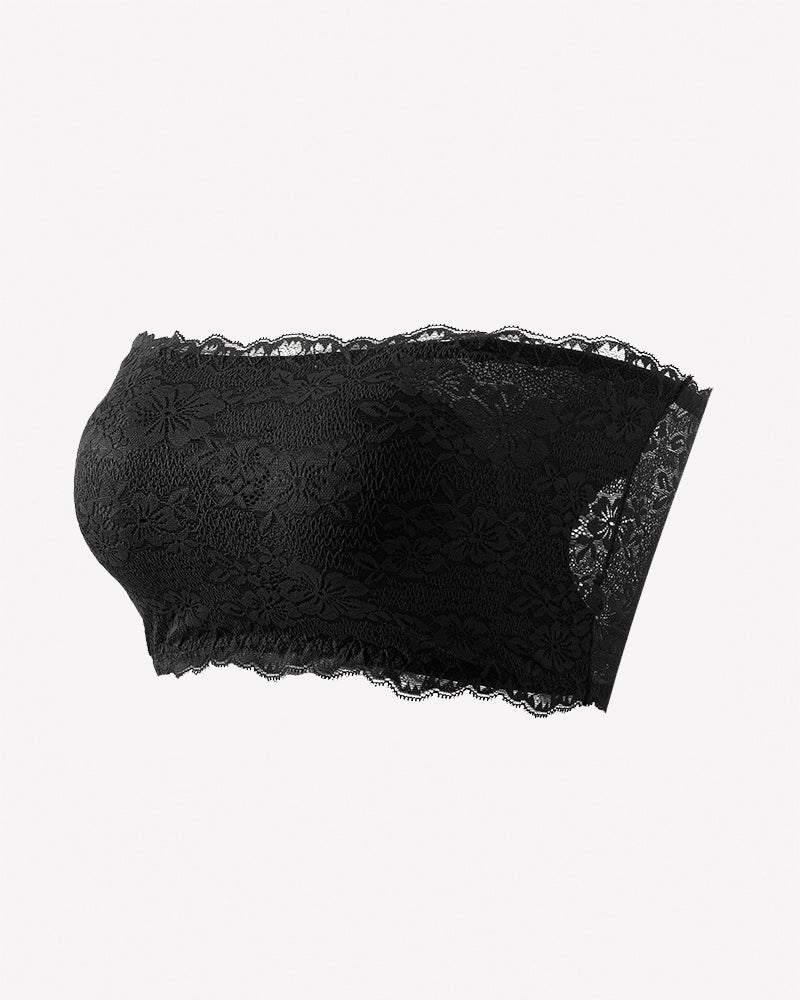 Black floral lace strapless bandeau bra with scalloped trim and textured cups.