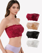 Red floral lace strapless bandeau bra on model, strapless bandeau style with scalloped edge.