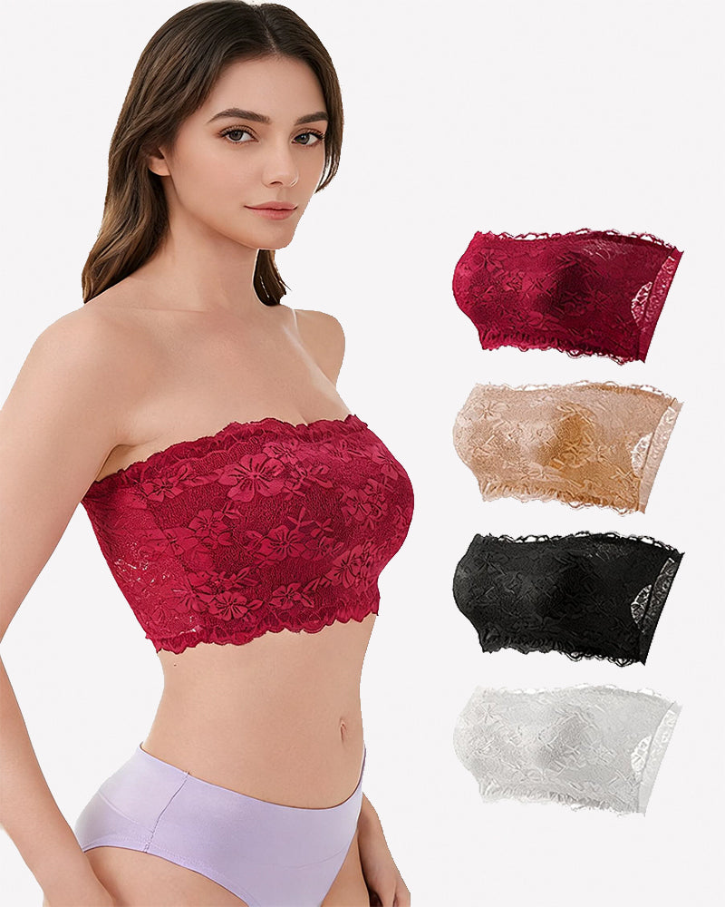 Red floral lace strapless bandeau bra on model, strapless bandeau style with scalloped edge.