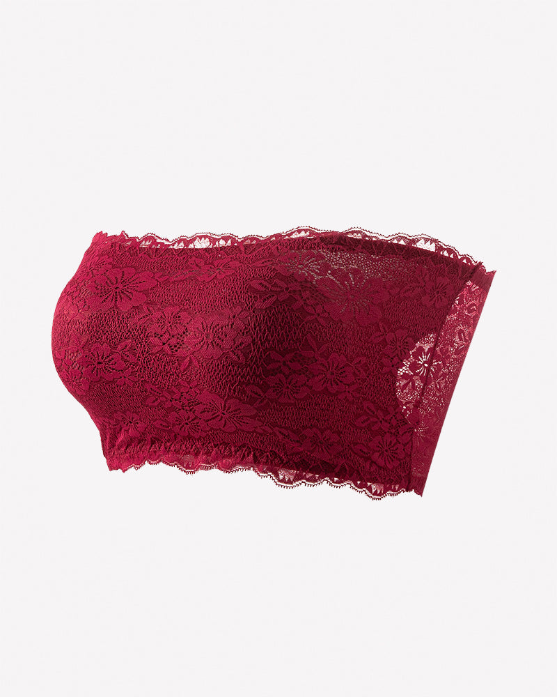 Wine red floral lace strapless bandeau bra with scalloped trim and detailed lace texture.