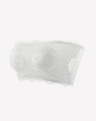 White floral lace strapless bandeau bra with scalloped trim and textured lace pattern.