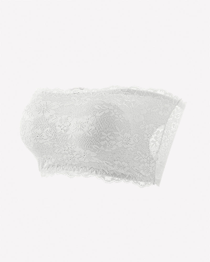 White floral lace strapless bandeau bra with scalloped trim and textured lace pattern.