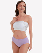 White floral lace strapless bandeau bra with scalloped lace trim and fitted bandeau shape.