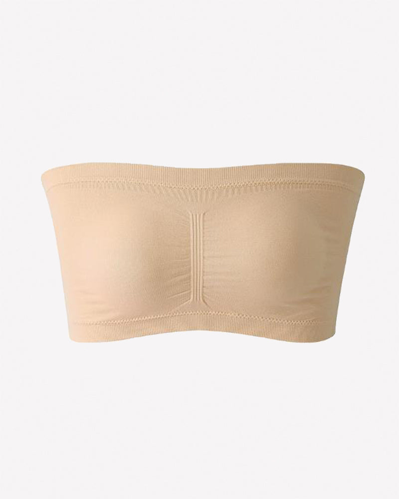 Nude strapless bandeau bra, seamless wireless tube top with vertical center seam