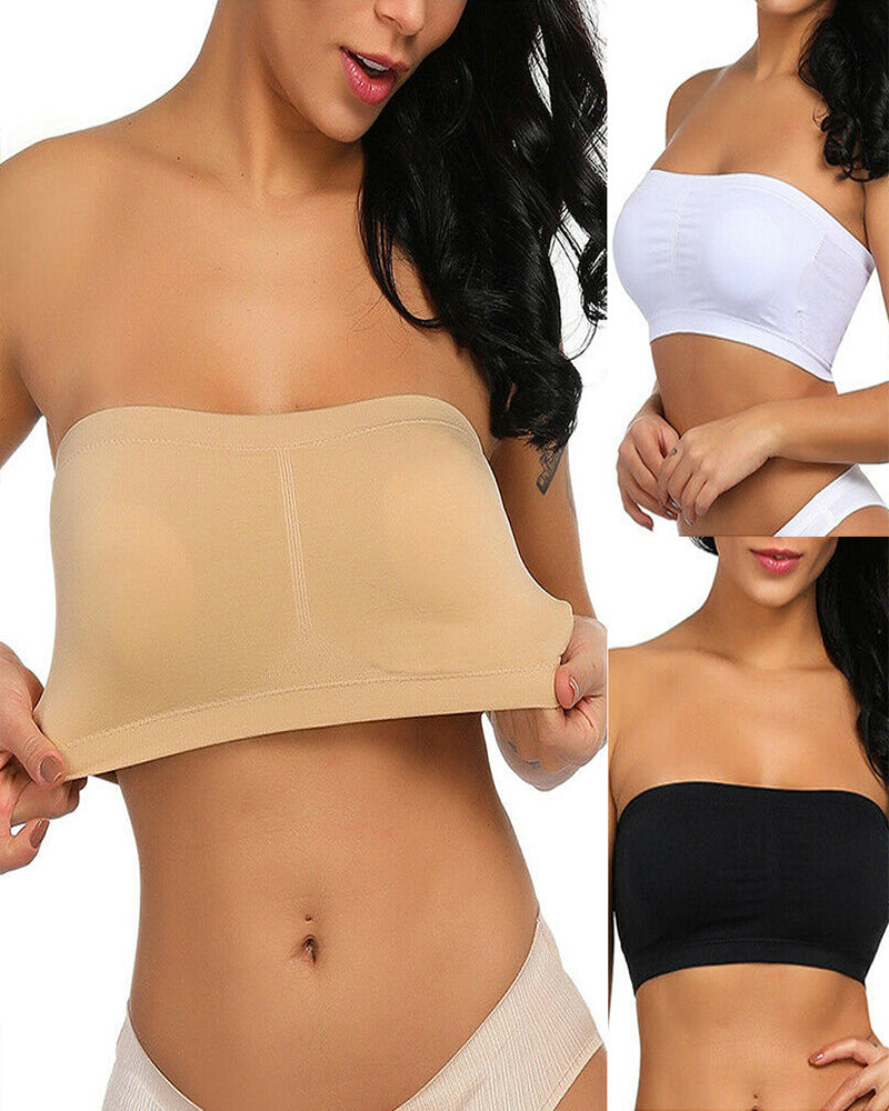 Strapless bandeau bras shown in nude, white, and black, seamless wireless tube top