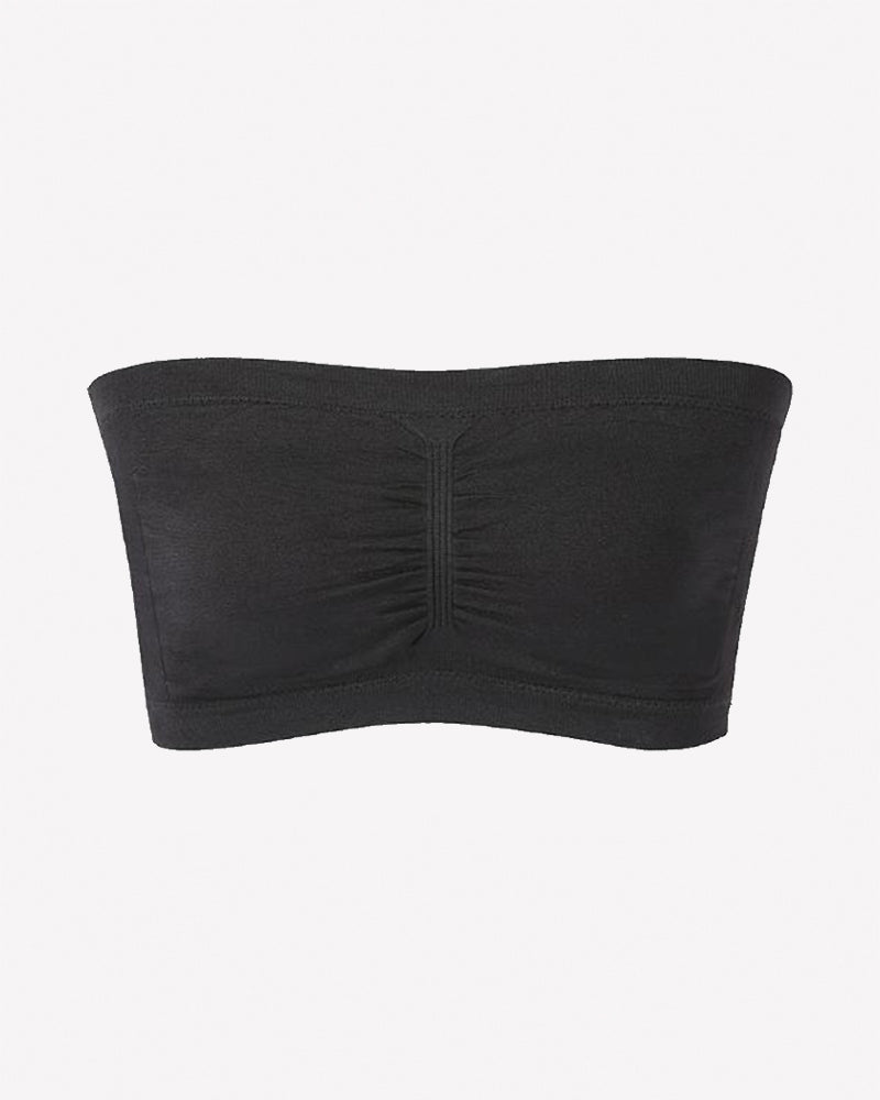 Black strapless bandeau bra, seamless wireless tube top with vertical center seam
