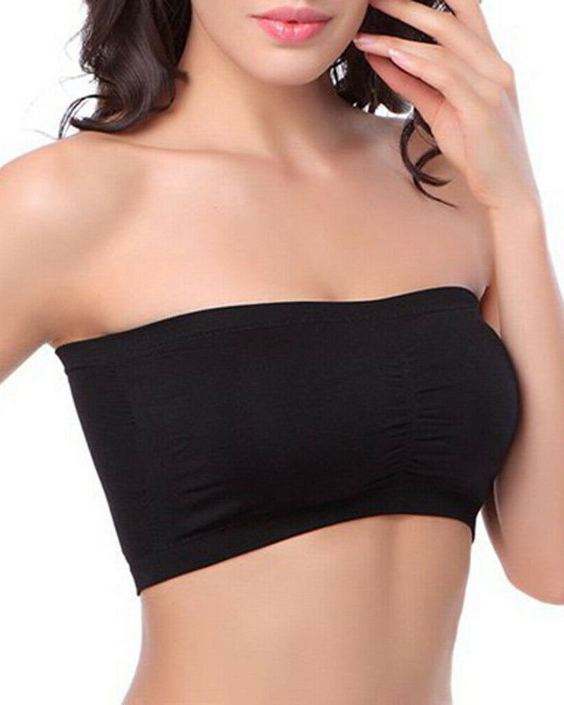 Black strapless bandeau bra, seamless wireless tube top with gathered center seam