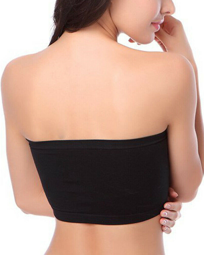 Black strapless bandeau bra, seamless wireless tube top shown from back