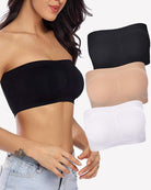 Bandeau bra set in black, nude, and white, seamless wireless tube top
