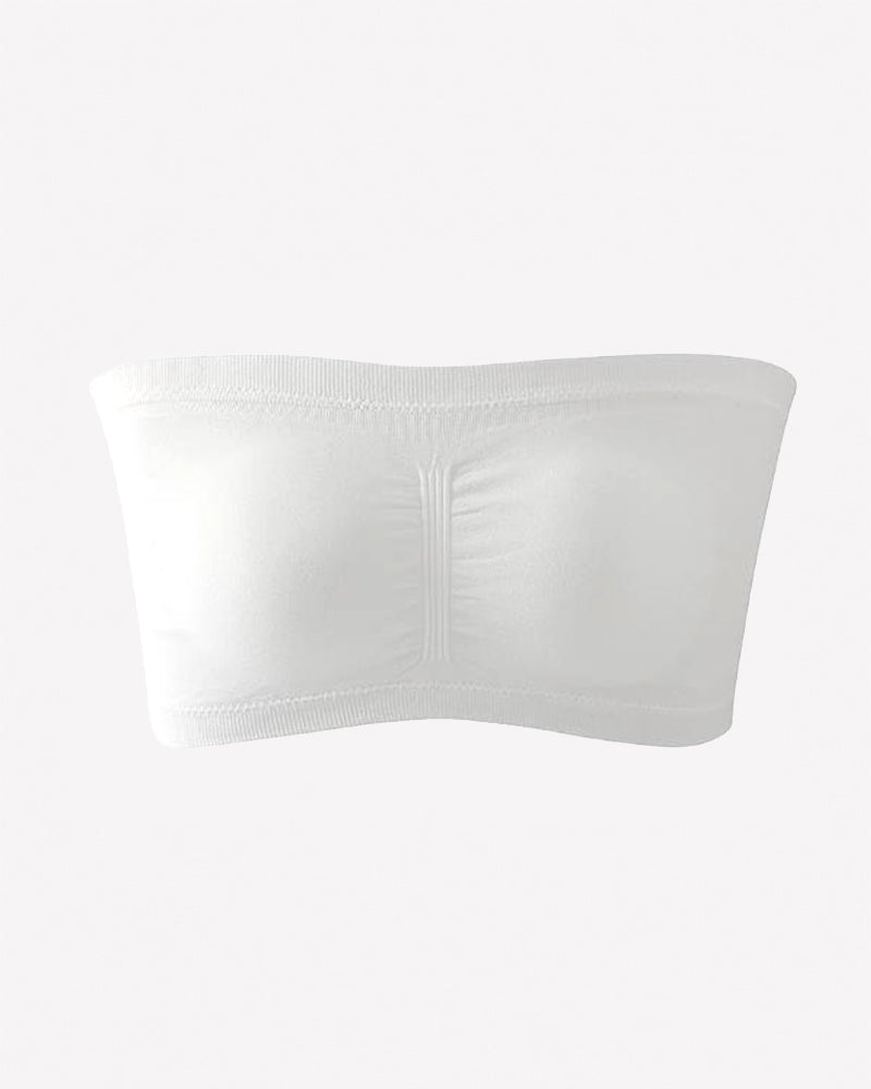 White strapless bandeau bra, seamless wireless tube top with vertical center seam