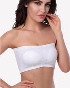 White strapless bandeau bra with seamless tube design, wireless no straps