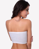 White strapless bandeau bra, seamless back view, smooth wireless tube top