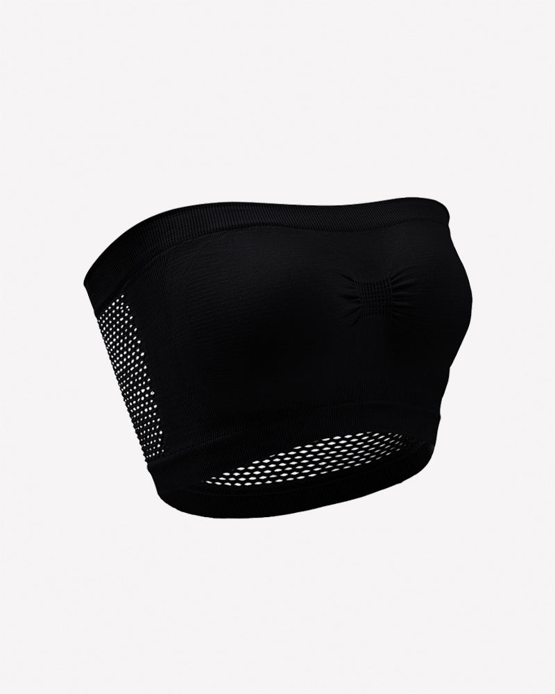 Black mesh panel strapless bandeau bra with perforated side and bottom band