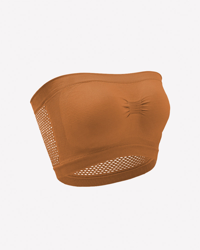 Camel mesh panel strapless bandeau bra with perforated side and bottom band