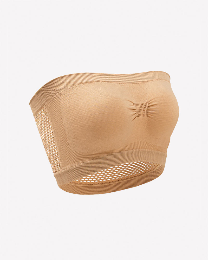 Tan mesh panel strapless bandeau bra with perforated side and bottom band