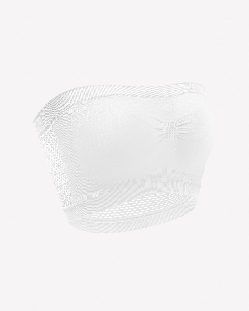 White mesh panel strapless bandeau bra with perforated side and bottom band