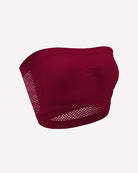 Wine red mesh panel strapless bandeau bra with perforated side and bottom band