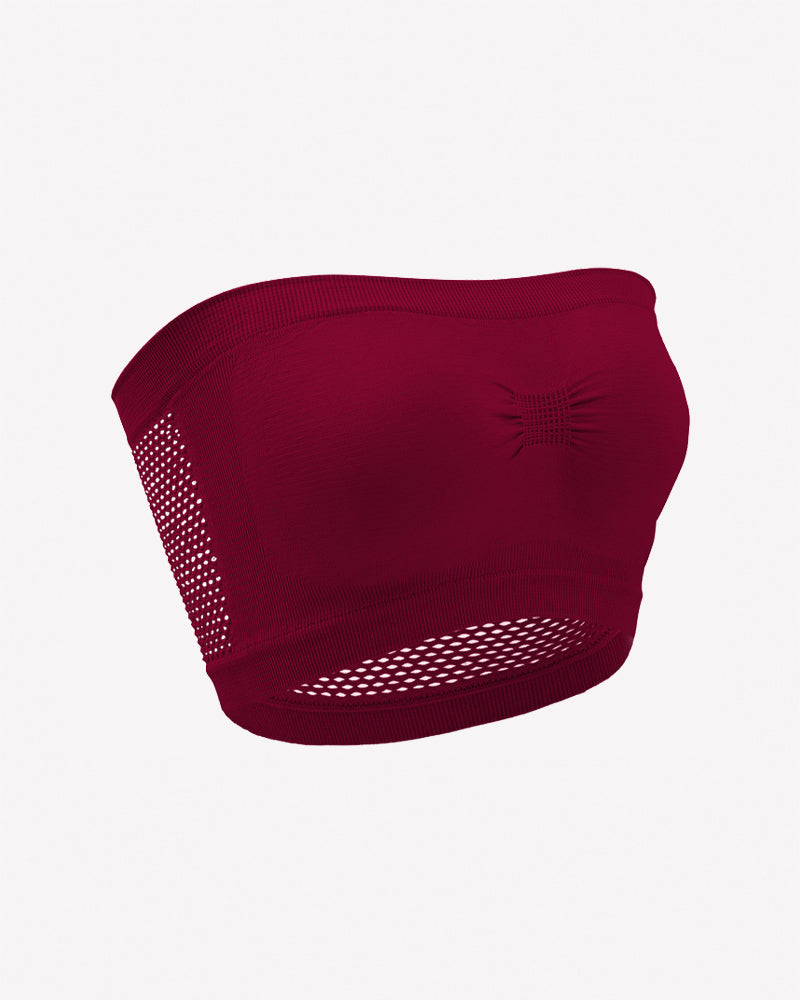Wine red mesh panel strapless bandeau bra with perforated side and bottom band