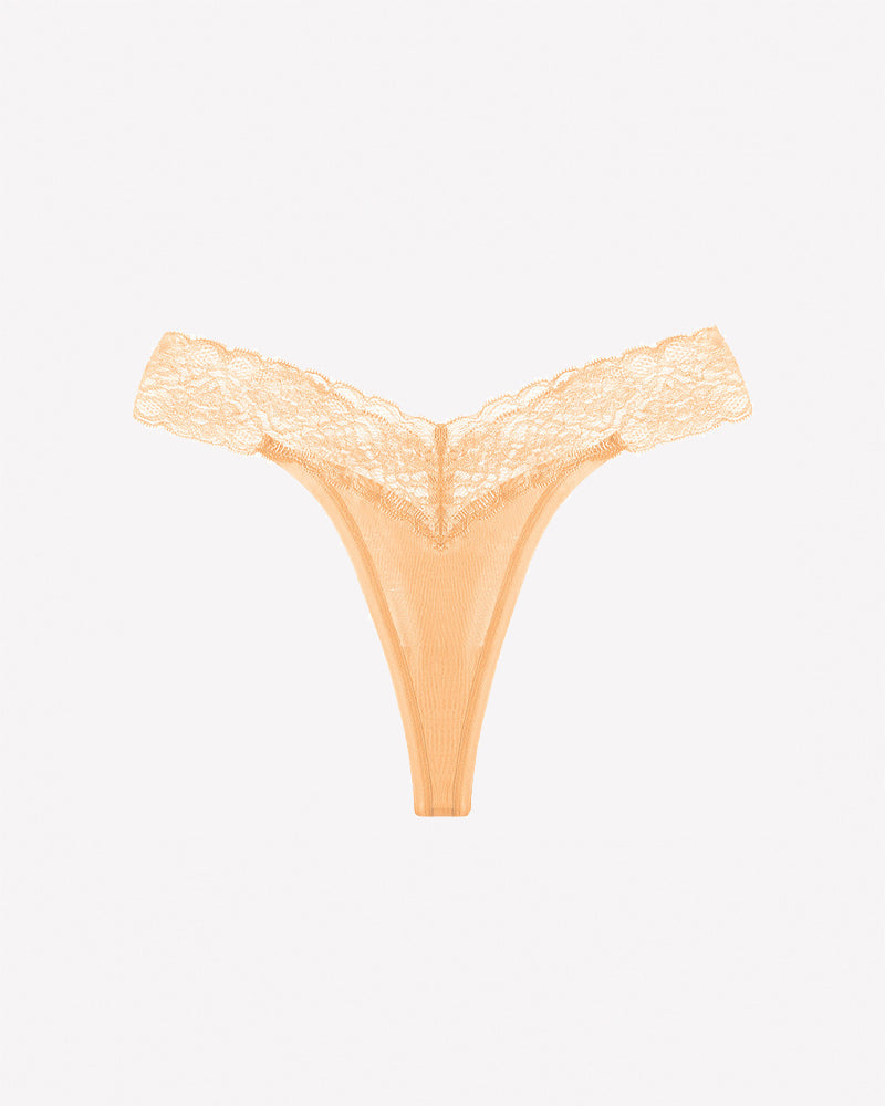 Apricot V-shape lace thong panties with lace waistband and sheer front