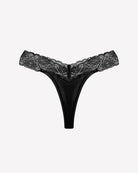 Black V-shape lace thong panties with lace waistband and sheer body
