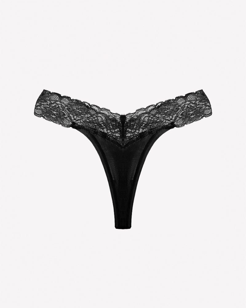 Black V-shape lace thong panties with lace waistband and sheer body