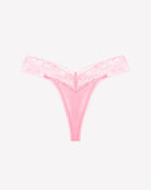 Pink V-shape lace thong panties with floral lace waistband