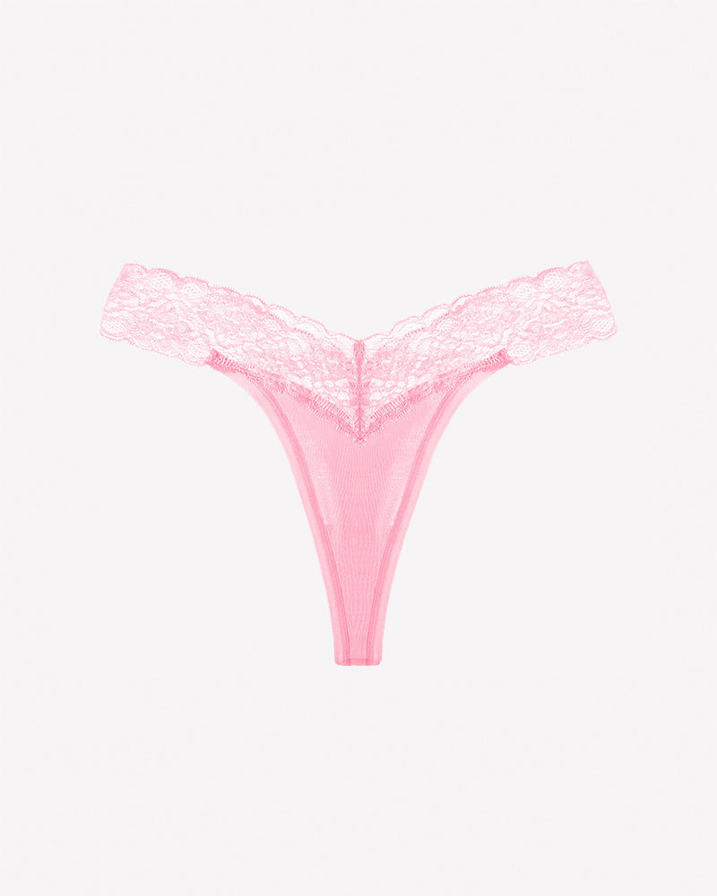 Pink V-shape lace thong panties with floral lace waistband