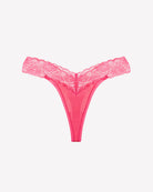 Pink V-shape lace thong panties with floral lace on waistband and sides