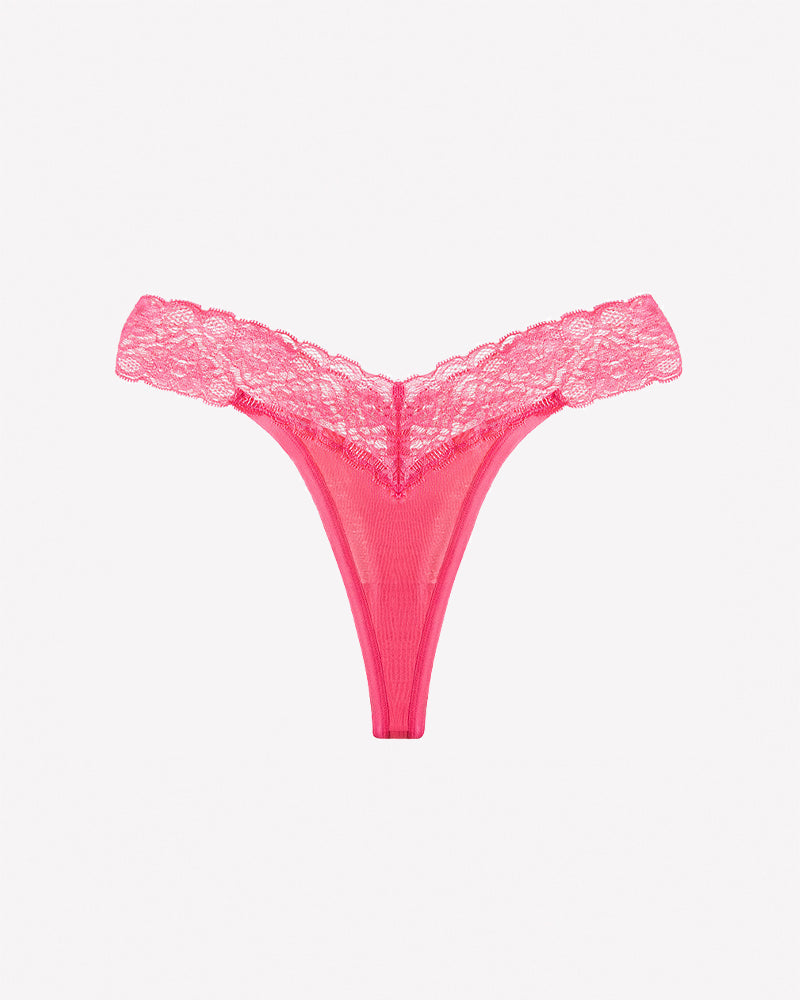 Pink V-shape lace thong panties with floral lace on waistband and sides
