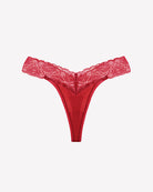 Red V-shape lace thong panties with floral lace waistband and sheer front
