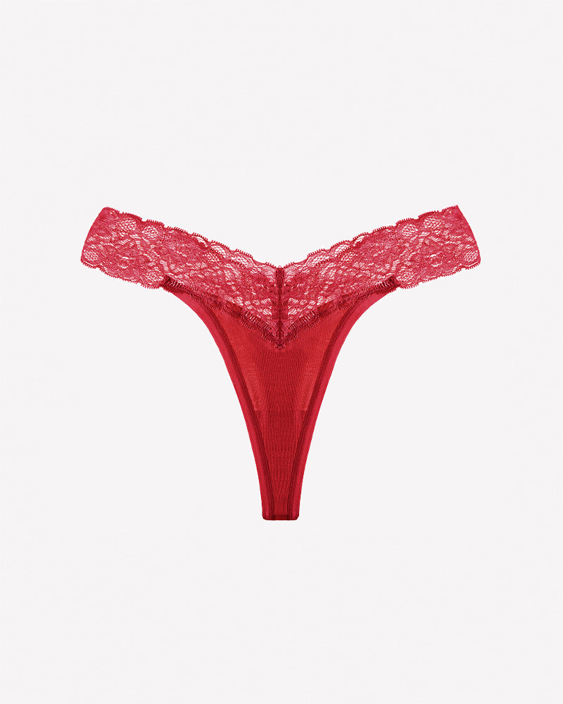 Red V-shape lace thong panties with floral lace waistband and sheer front