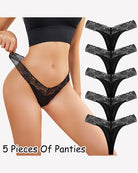 Black lace thong panties, low-rise V-shape, set of five