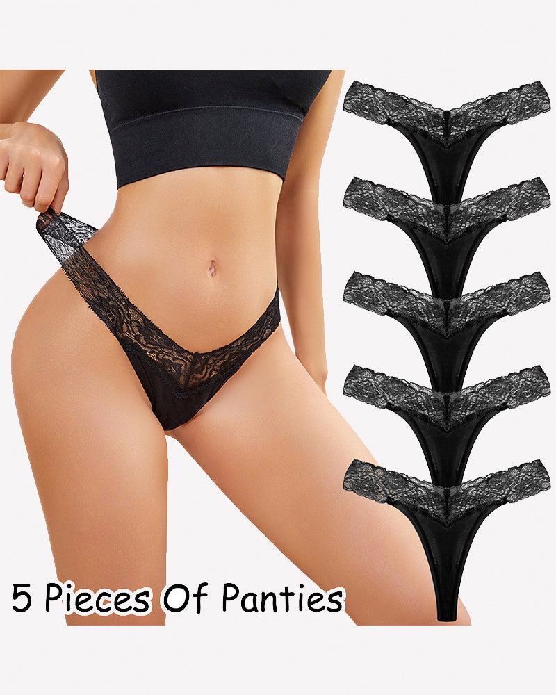 Black lace thong panties, low-rise V-shape, set of five