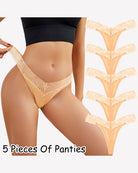 Apricot/beige lace thong panties, low-rise V-shape, set of five