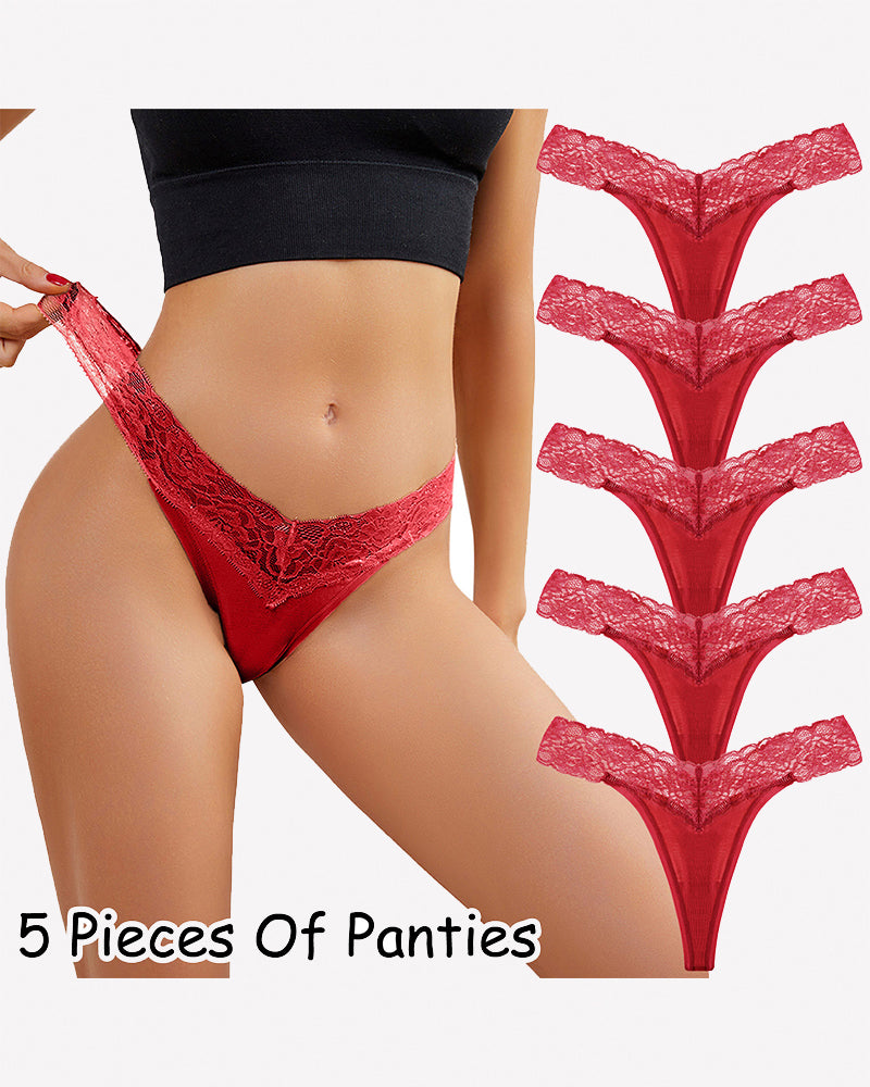 Wine red lace thong panties, low-rise V-shape, set of five