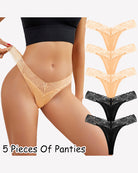 Beige and black lace thong panties, low-rise V-shape, set of five