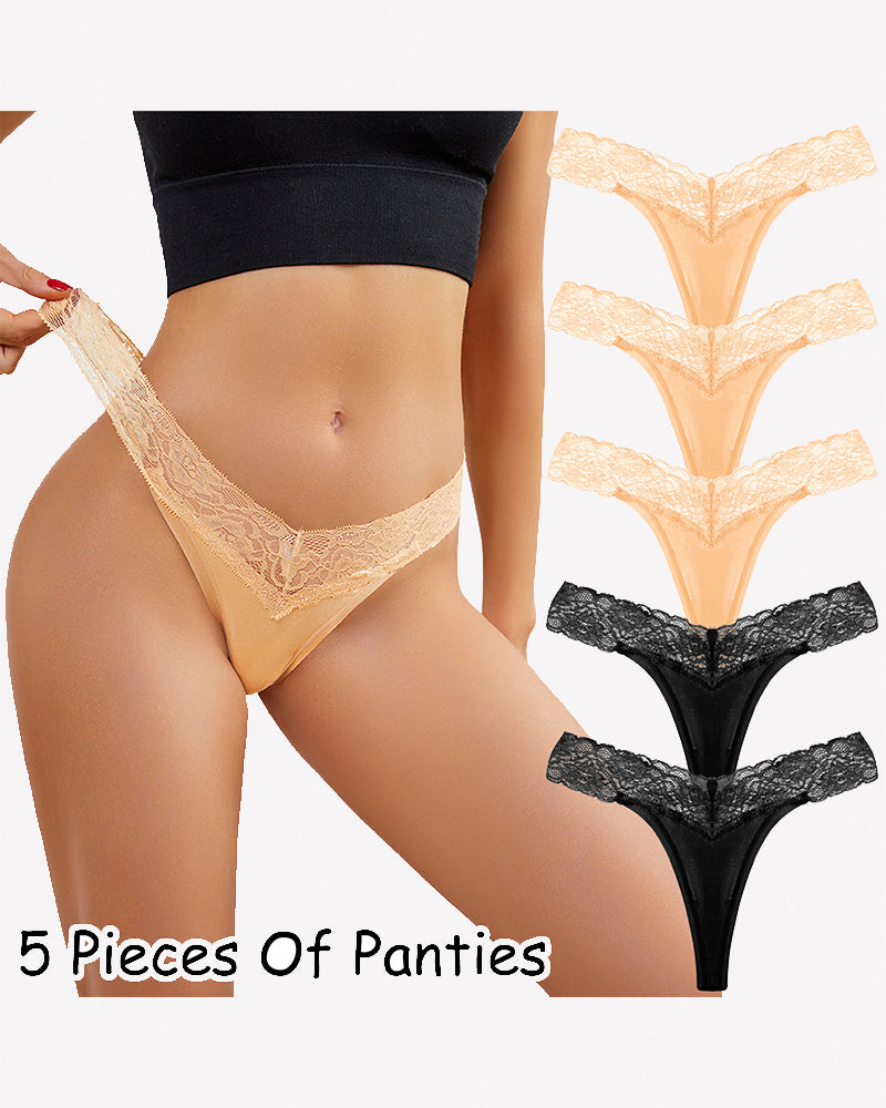 Beige and black lace thong panties, low-rise V-shape, set of five