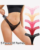 Pink and black lace thong panties, low-rise V-shape, set of five
