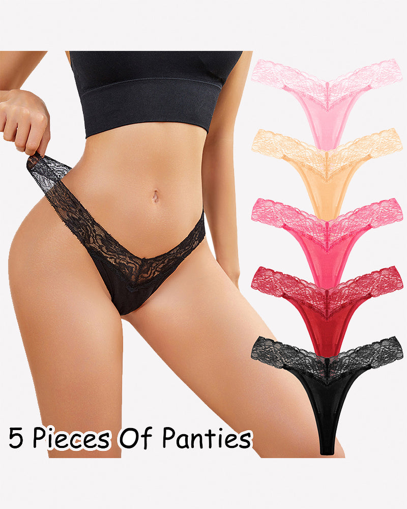 Pink and black lace thong panties, low-rise V-shape, set of five