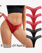 Wine red and black lace thong panties, low-rise V-shape, set of five