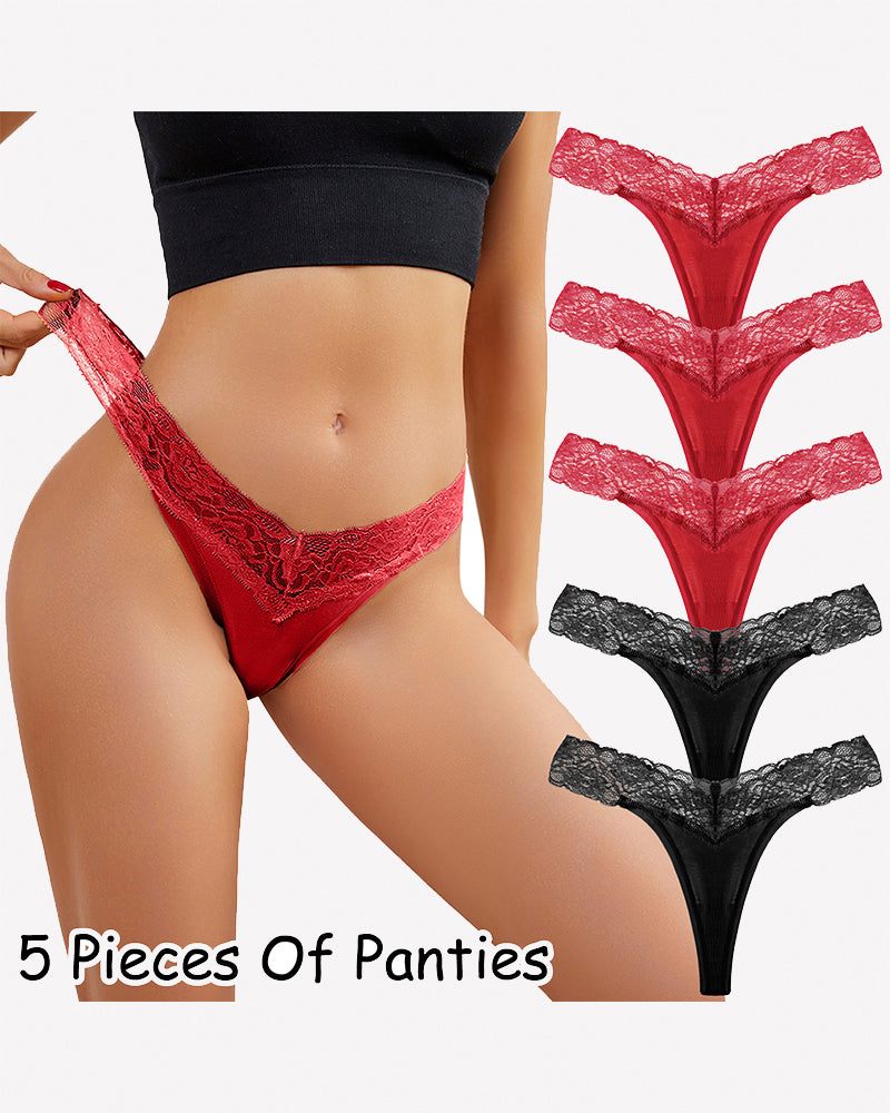 Wine red and black lace thong panties, low-rise V-shape, set of five