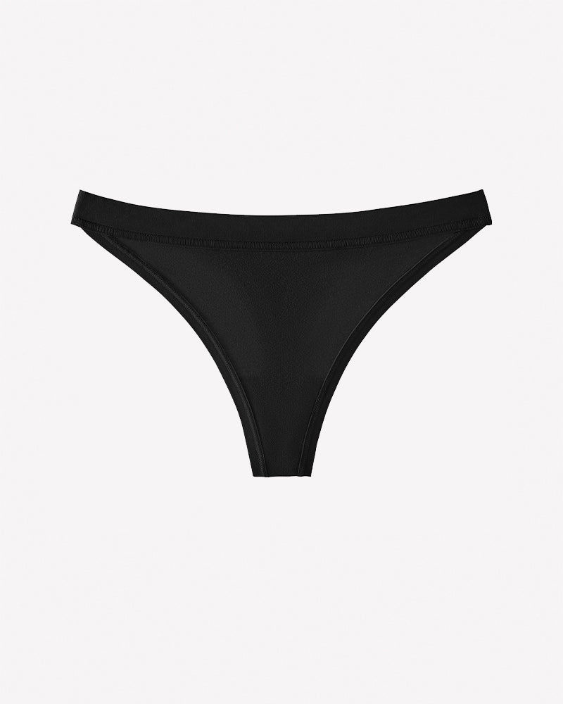 Low-rise seamless thong panties, black, cotton knit, minimal coverage