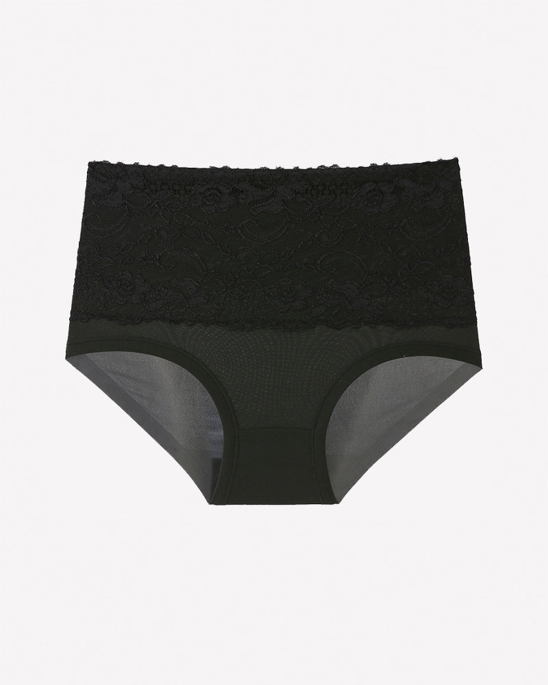 High-waisted black floral lace full-coverage briefs with lace waistband