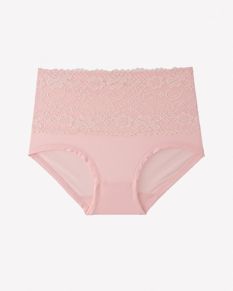 High-waisted pink floral lace full-coverage briefs with lace waistband