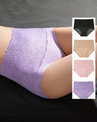 High-waisted purple floral lace briefs, full coverage, shown with multiple color options
