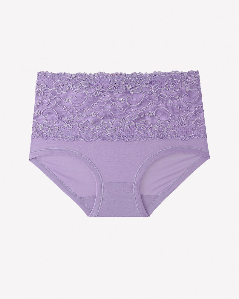 High-waisted purple floral lace full-coverage briefs with lace waistband