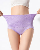 High-waisted purple floral lace briefs, full coverage with lace waist band
