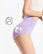 High-waisted purple floral lace briefs with full coverage, side view