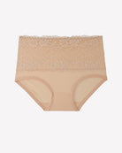 High-waisted nude beige floral lace full-coverage briefs with lace waistband